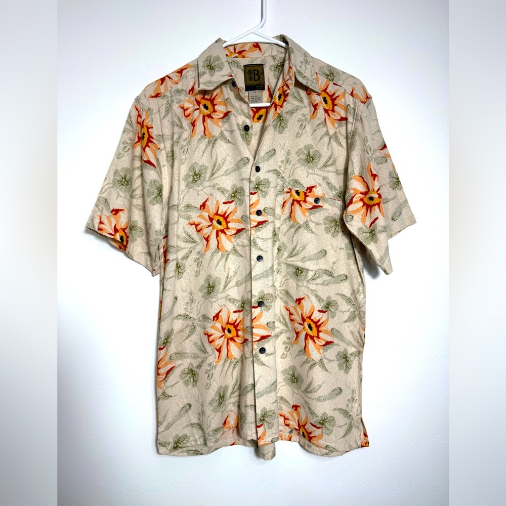Bruno Men’s Tropical Colorful Floral Print 100% Silk Shirt Button-Up Size Small